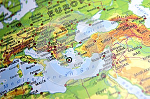 World map with focus on Greece,Albania,Izmir,Ankara,Syria,Cyprus,Turkey
