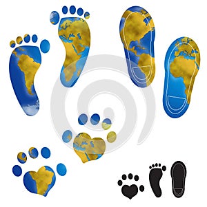 World map footprints illustrations