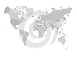 World map in four shades of grey on white background. High detail political map with country names. Vector illustration