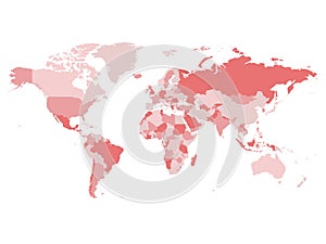 World map in four shades of pink on white background. High detail blank political map. Vector illustration with labeled