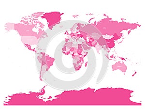 World map in four shades of pink on white background. High detail political map with country names. Vector illustration
