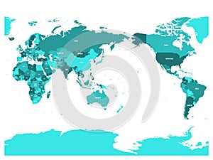 World map in four shades of turquoise blue on white background. High detail Pacific centered political map. Vector