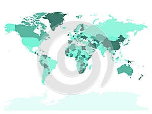 World map in four shades of turquoise on white background. High detail blank political map. Vector illustration with