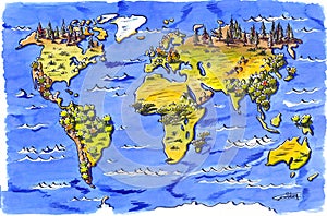 World map, geographical, with continents and seas photo