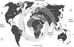 World map with geographical objects names