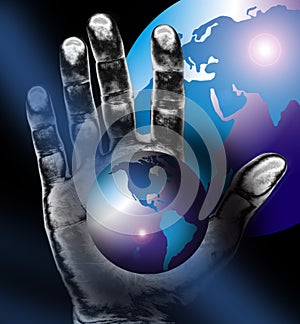 World map or globe plus hand