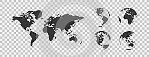 World map globe set black icon on transparent background. Geography isolated vector