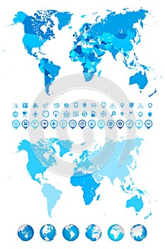 World Map, Globes, Continents and navigation icons