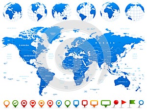 World Map, Globes, Continents, Navigation Icons - illustration