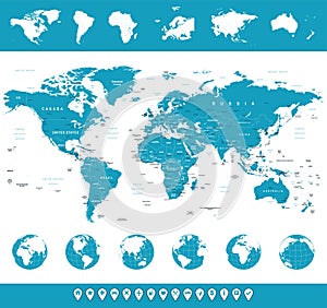 World Map, Globes, Continents, Navigation Icons - illustration.