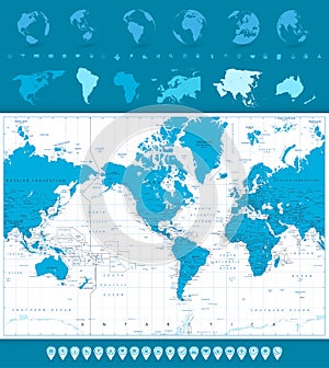 World Map, Globes and Navigation Icons. America in center