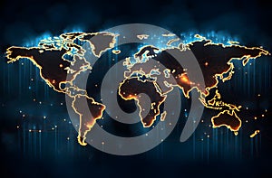 World map glowing on dark background. Global business concept. 3D Rendering