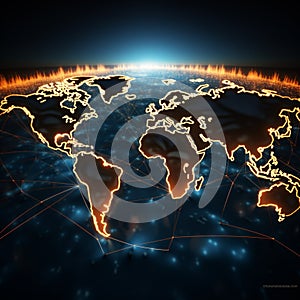 World map glowing on a dark background, global network concept