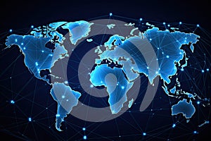 World map with glowing lines and dots on blue background. Vector illustration, Global networking and international communication.