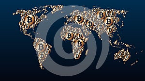 World map of golden bitcoins, mining, growth rate, distribution