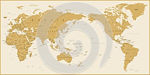 World Map Golden Detailed - Asia in Center