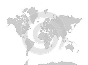 World map.  Gray continents on white background. Asia, Africa, North America, South America, Antarctica, Europe, and Australia