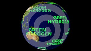 World map with green hydrogen digital green text small ball rotating on black screen