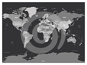 World map - grey colored on dark background. High detailed political map of World with country, capital, ocean and sea