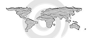 World map grid in bevel emboss style. Topography map of world. Vector illustration