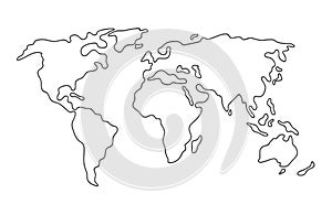 World map. Hand drawn simple stylized continents silhouette line outline thin shape. Isolated vector illustration