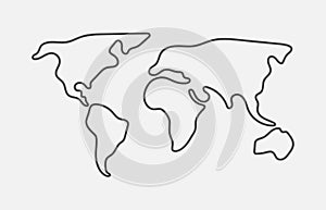 World map. Hand drawn simple stylized continents silhouette in minimal line outline thin shape.