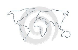 World map. Hand drawn simple stylized continents silhouette in minimal line outline thin shape.