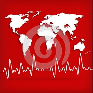 World map and Heart Beats Cardiogram