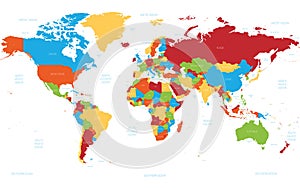World map. High detailed political map of World with country, ocean and sea names labeling. 5 colors scheme vector map