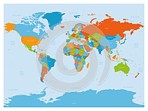 World map. High detailed political map of World with country, ocean and sea names labeling. 5 colors scheme vector map