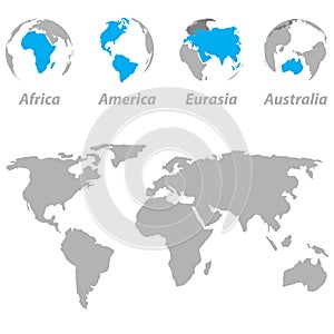 World map with highlighted continents on the globe