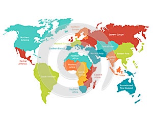 World map with highlighted territories. Colored continents with global geographic divisions.