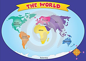 World Map Highlighting the Seven Continents. vector eps 10.