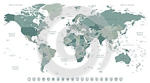 World map. Highly detailed map of the world with detailed borders of all countries, cities and bodies of water. Vector map in