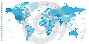 World map. Highly detailed map of the world with detailed borders of all countries, cities, regions and bodies of water in blue