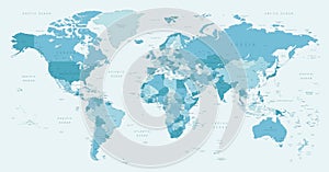 World map. Highly detailed map of the world with detailed borders of all countries, cities, regions and bodies of water