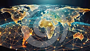 The World map and the hologram with the net of connections between countries and supply chains. Generative AI