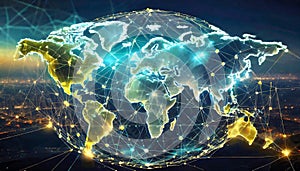 The World map and the hologram with the net of connections between countries and supply chains. Generative AI