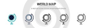 World map icon in filled, thin line, outline and stroke style. Vector illustration of two colored and black world map vector icons