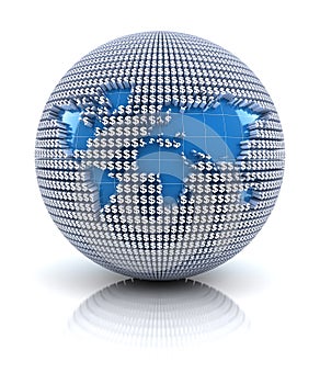 World map icon on globe formed by dollar sign