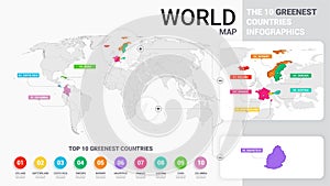 World Map Illustration with Colored Countries. The 10 Greenest Countries Infographics. Colorful Modern Business Statistic Template