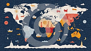 World Map Illustration with Landmarks and Destinations