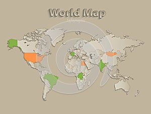 World map with individual states separated, infographics with icons