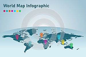 World map infographic with color pointers. Vector illustration