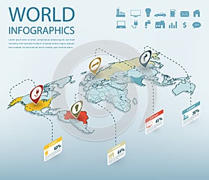 World map infographic template. 3d isometric. Vector