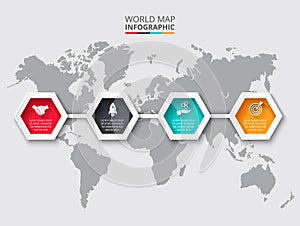 World map infographic template with hexagons.