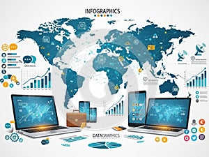 World map with infographics and datagraphics isolated on white background