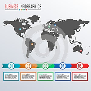 World map infographics template with arrows. 6 steps, options, levels, parts or processes for business presentation. Timeline info