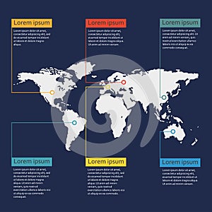 World map infographics template. Graphic information and infographic design elements. Vector illustration