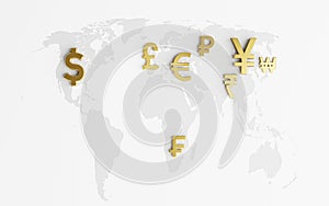World map on and international currency sign include dollar euro yen yuan pound sterling for money transfer and trade forex